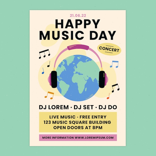 Free Vector hand drawn world music day flyer with headphones