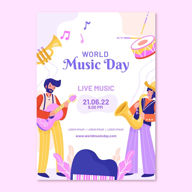 Hand drawn world music day flyer with musicians