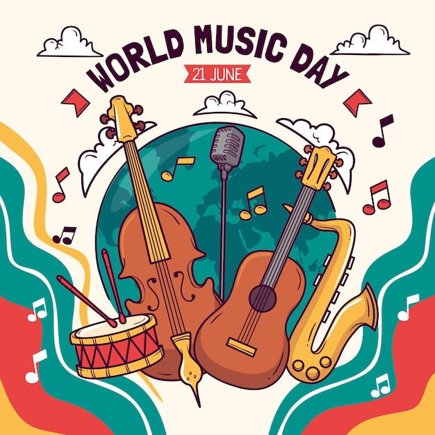 Hand drawn world music day illustration