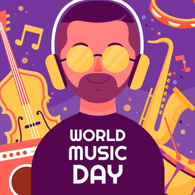 Hand drawn world music day man with headphones illustration