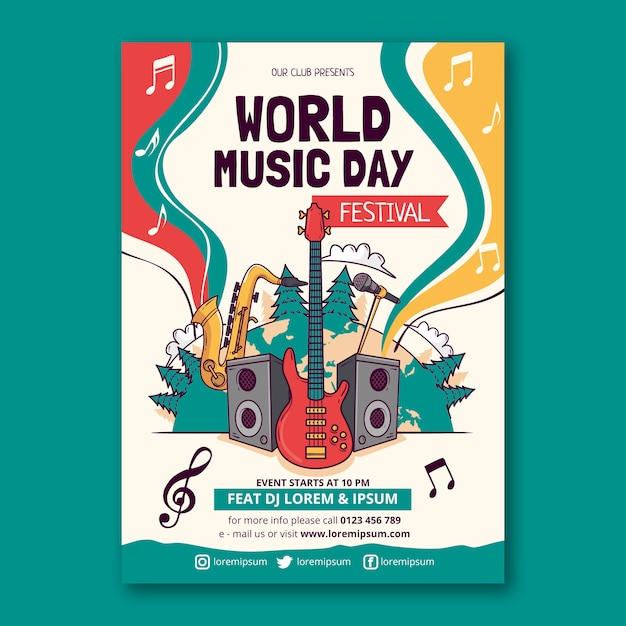 Hand drawn world music day vertical poster template