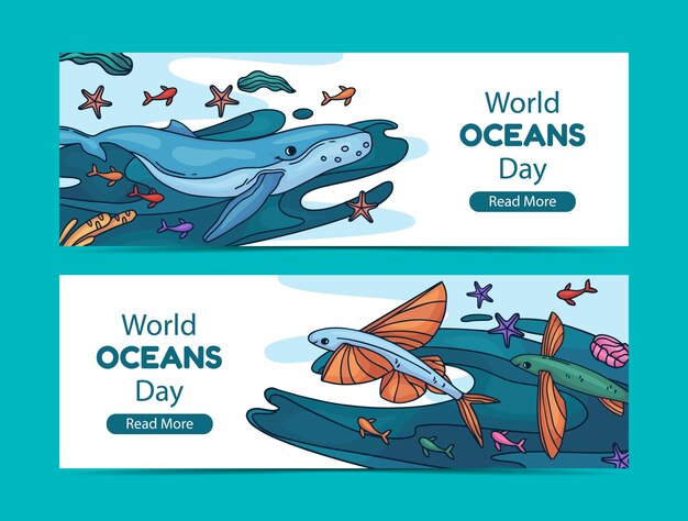 Hand drawn world oceans day horizontal banners pack