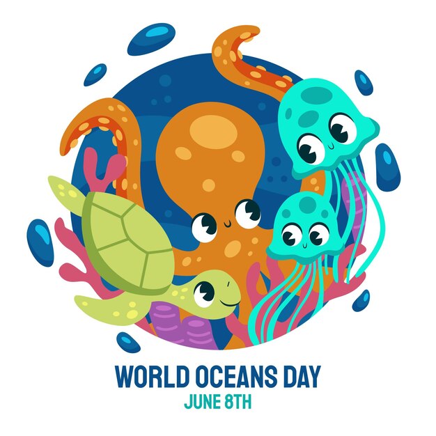 Hand drawn world oceans day illustration