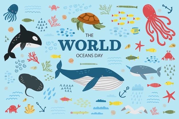 Hand drawn world oceans day illustration