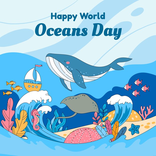 Hand drawn world oceans day illustration