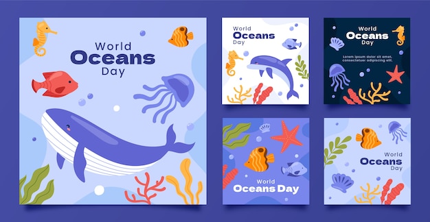 Free Vector hand drawn world oceans day instagram posts collection