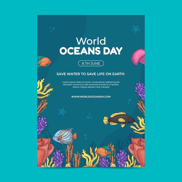 Hand drawn world oceans day vertical poster template