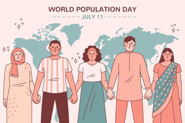 Hand drawn world population day background with people holding hands