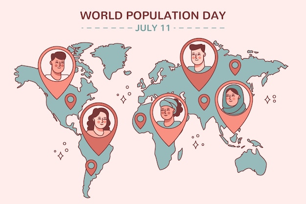 Hand drawn world population day background with world map