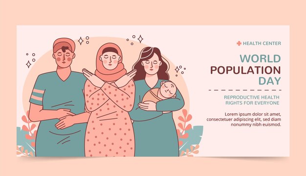 Hand drawn world population day horizontal banner template with mothers and newborn