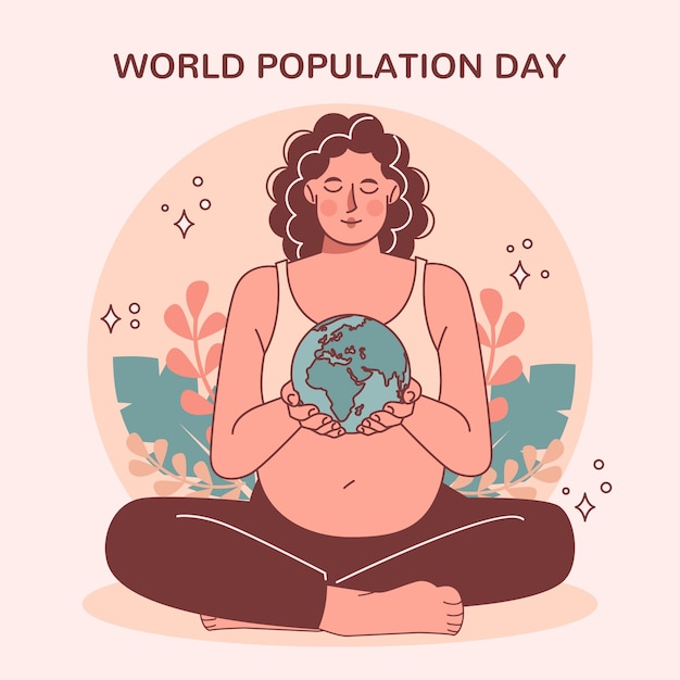 Hand drawn world population day illustration with pregnant woman holding planet in hands