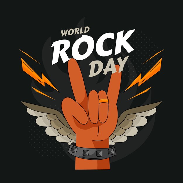 Hand drawn world rock day illustration with hand showing rock sign