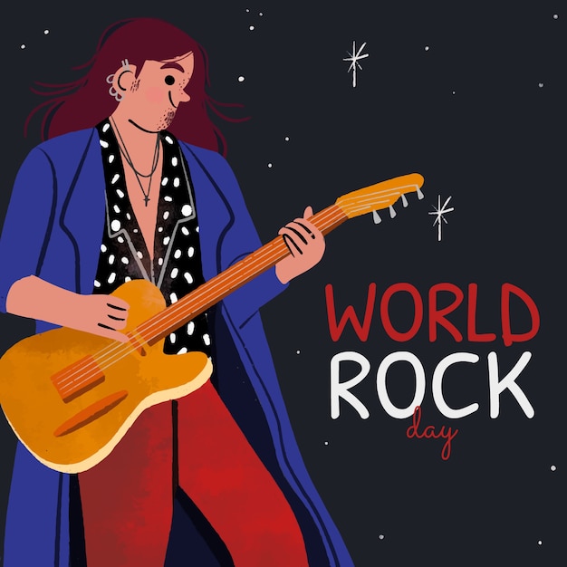 Hand drawn world rock day illustration with musician holding guitar