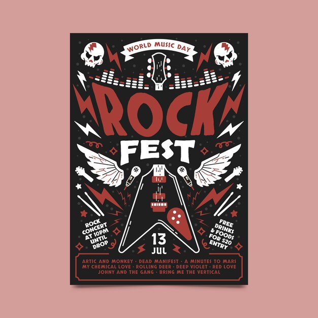 Hand drawn world rock day vertical poster template