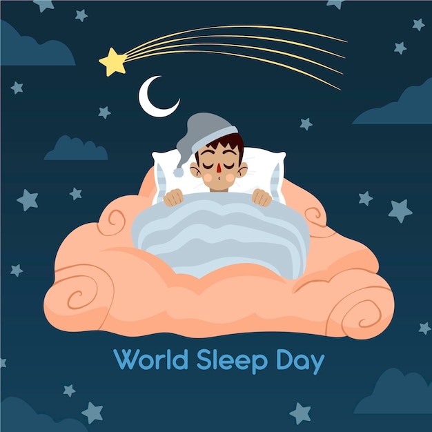 Free Vector hand-drawn world sleep day illustration with sleeping man in bed