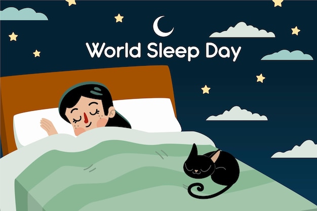 Hand-drawn world sleep day illustration with sleeping woman and cat