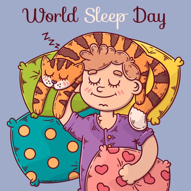 Hand-drawn world sleep day illustration with woman and cat