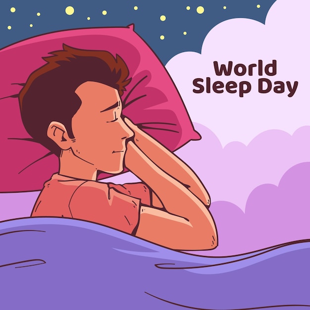 Hand drawn world sleep day with man sleeping