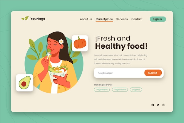 Hand drawn world vegetarian day landing page template with woman eating salad