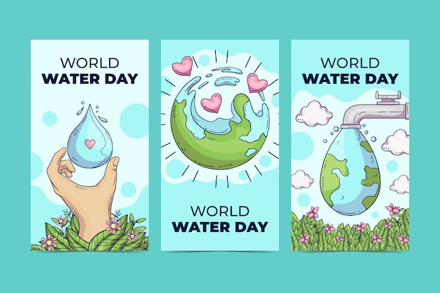 Free vector hand drawn world water day instagram stories collection