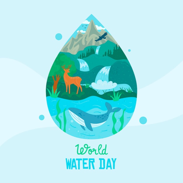 Hand-drawn world water day with water drop and nature