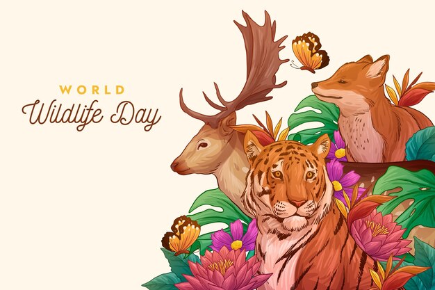 Hand-drawn world wildlife day illustration with animals