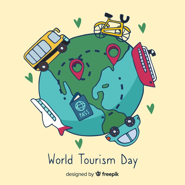 Hand drawn world with landmarks and transport tourism day