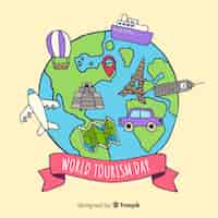 Free vector hand drawn world with landmarks and transport tourism day