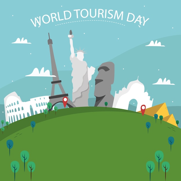 Free Vector hand drawn world with monuments and van 