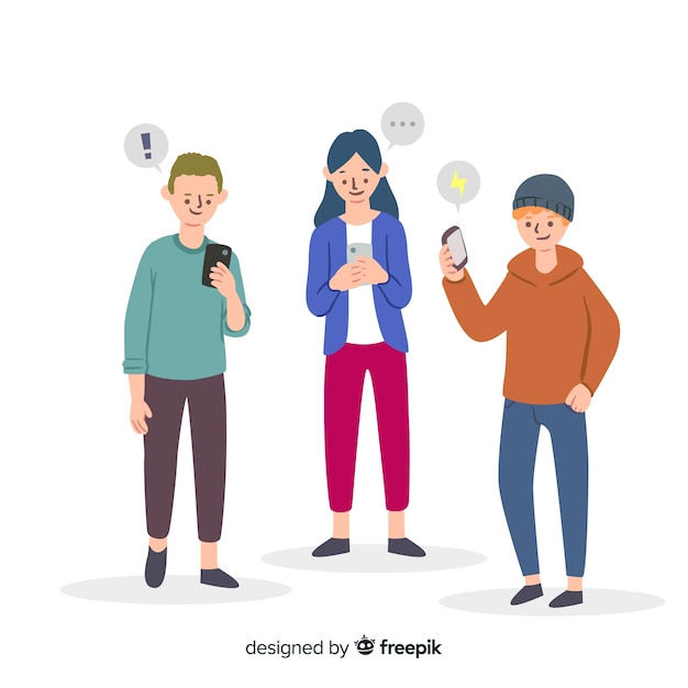 Hand drawn young people holding smartphones