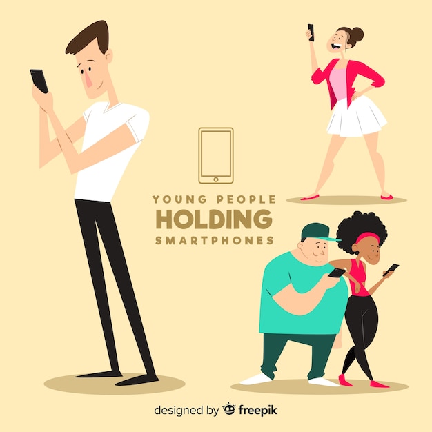 Free Vector hand drawn young people holding smartphones