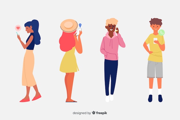 Hand drawn young people holding smartphones