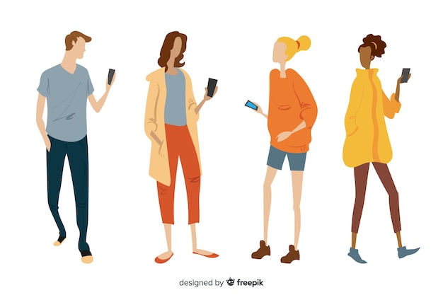 Hand drawn young people holding smartphones 