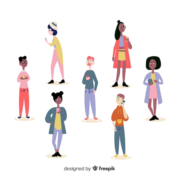 Free Vector hand drawn young people using smartphone set