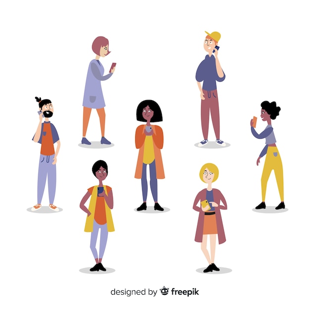 Free Vector hand drawn young people using smartphone set