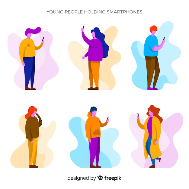 Free Vector hand drawn young people using smartphone set