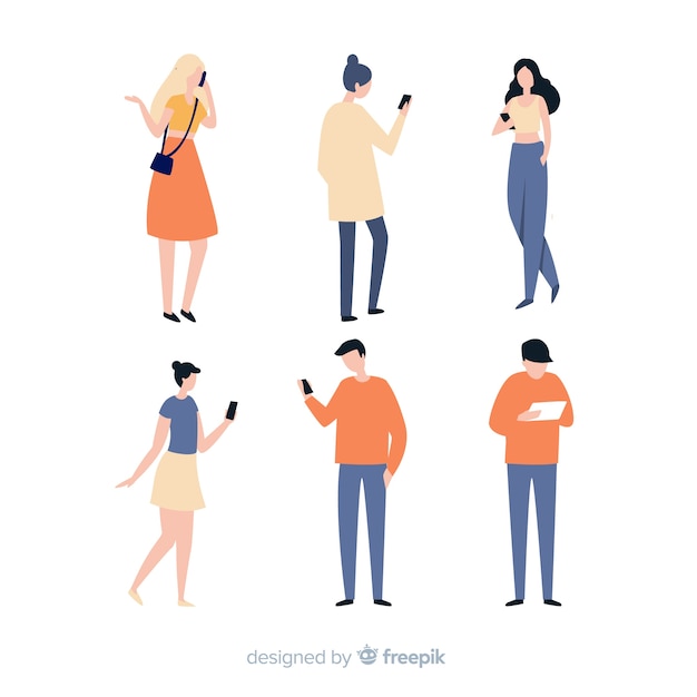 Free Vector hand drawn young people using smartphone set