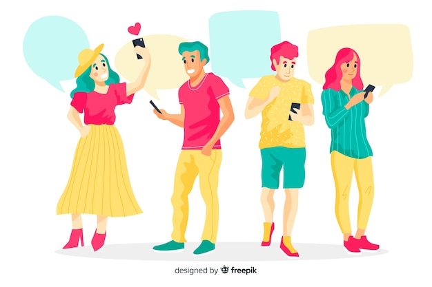 Free Vector hand drawn young people using smartphone set