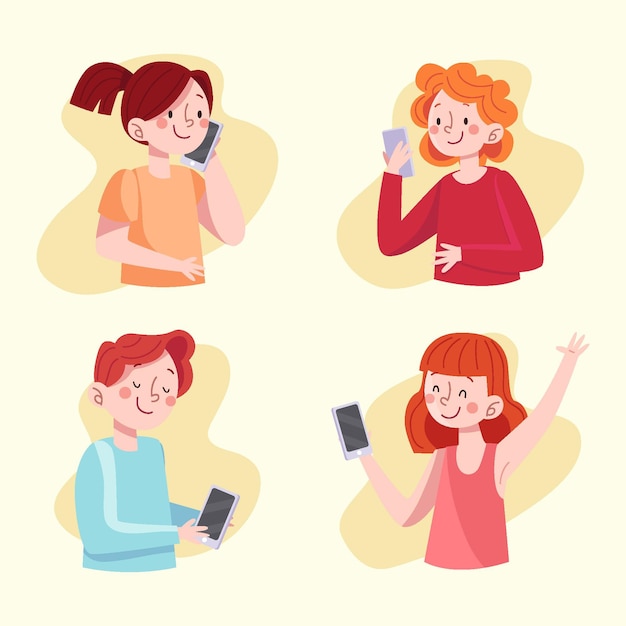 Hand drawn young people using smartphones