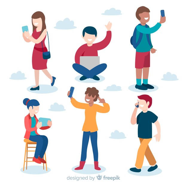 Free Vector hand drawn young people using technological device pack