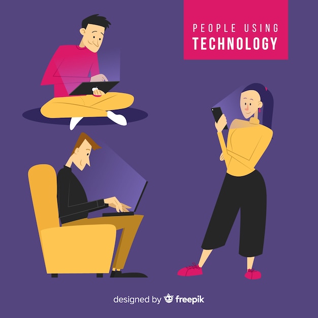 Free Vector hand drawn young people using technological devices collection