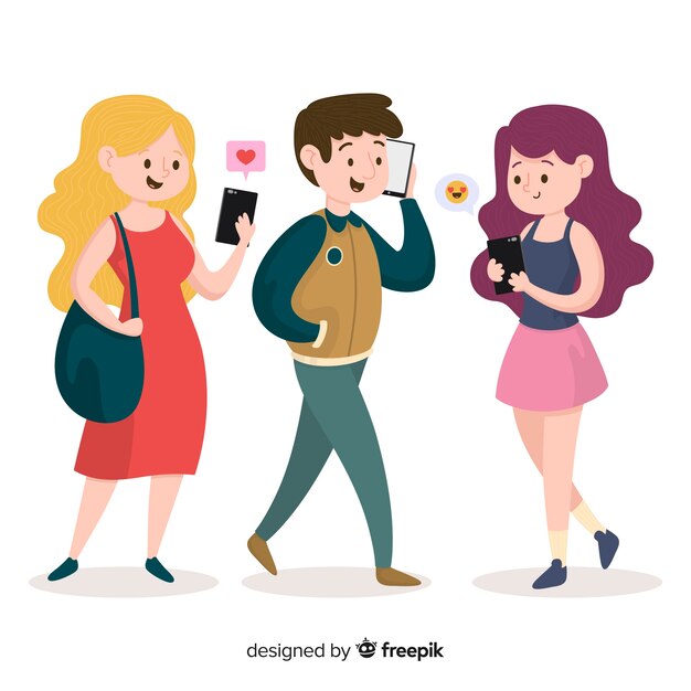 Hand drawn young people with smartphone