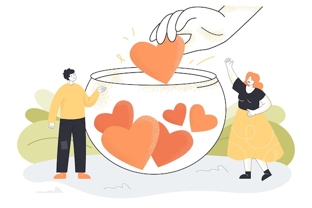 Free vector hand giving heart to healthy donation jar on sides of which tiny people standing. generous community giving help, hope, love and support flat vector illustration. social support, charity concept