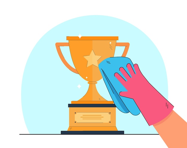 Hand in glove polishing shiny gold cup. Trophy, prize or award for winning contest or competition flat vector illustration. Hygiene, victory, success concept for banner, website design or landing page