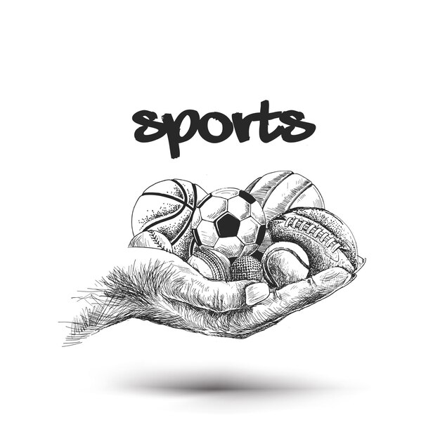 Hand hold Collection of balls sports balls Hand Drawn Sketch Vector Background