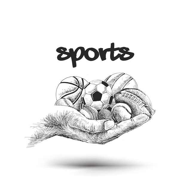 Hand hold Collection of balls sports balls Hand Drawn Sketch Vector Background