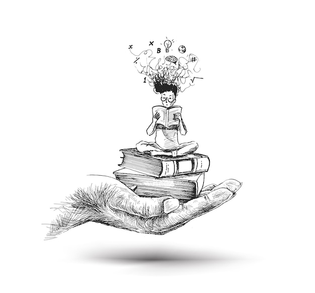 Hand hold Stack of books genius boy Hand Drawn Sketch Vector illustration