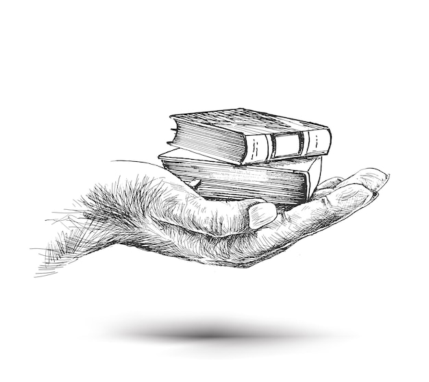 Hand hold Stack of books isolated on white Hand Drawn Sketch Vector illustration