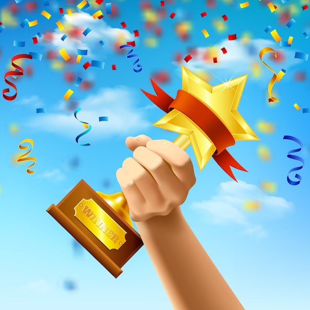 Hand holding award of winner on blue sky background with streamers and confetti realistic