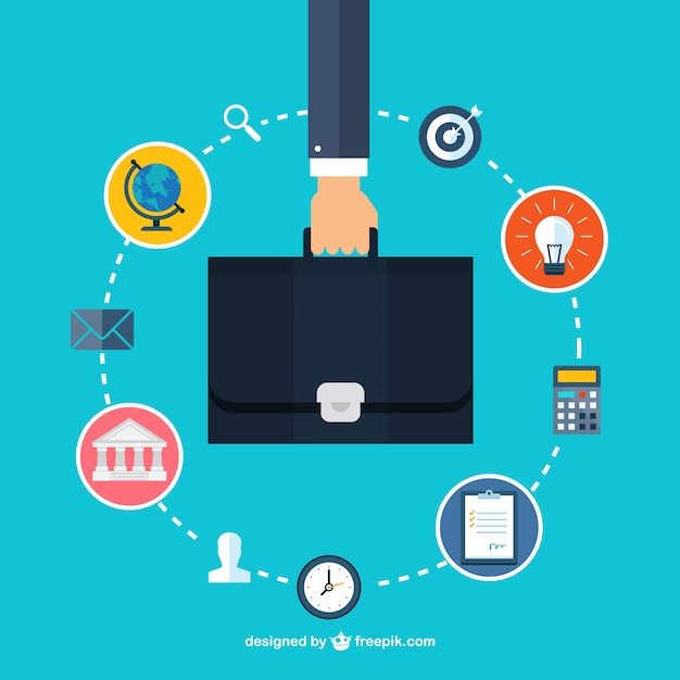 Free Vector hand holding a briefcase and business icons